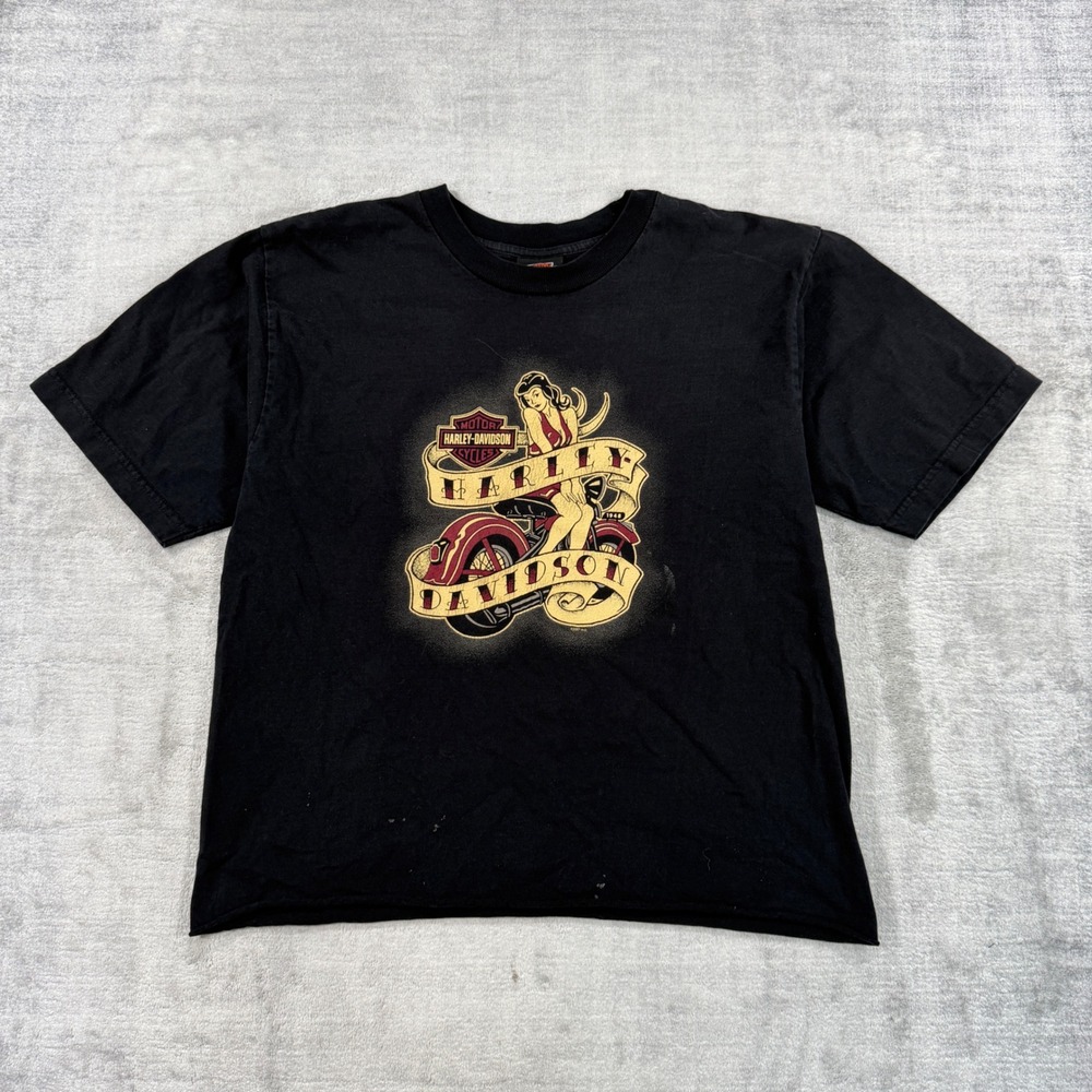 Harley Davidson Shirt Women Large Black Pinup Girl Tattoo Graphic Cropped Y2K
